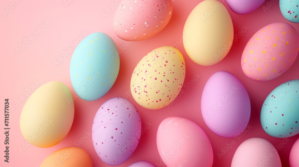 A composition of Easter eggs on a plain background, all in pastel colors.
