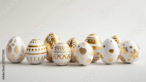 A composition of Easter eggs on a plain background, all in white and gold colors with patterns