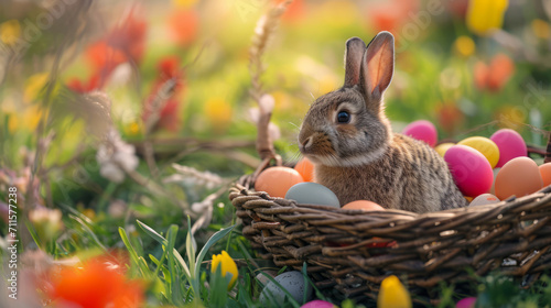 A cute little Easter bunny surrounded by fresh Spring flowers and colored Easter eggs. Creative decoration for Easter holidays