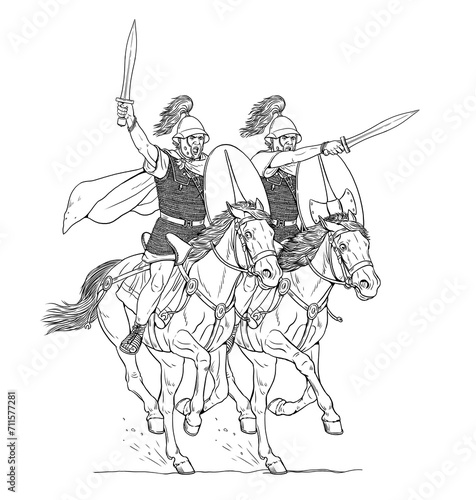 Roman cavalry on the attack. Historical hand drawing.