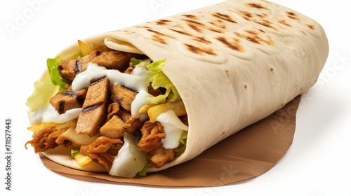 Deliciously seasoned chicken shawarma or doner roll on white background  ready to be enjoyed