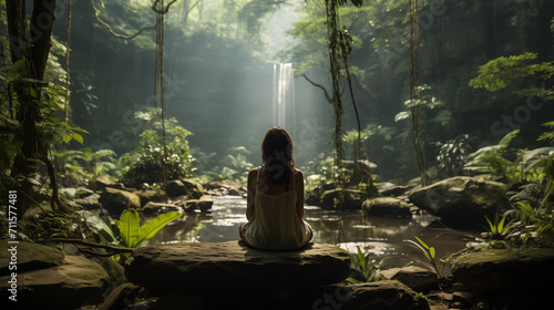 lush  secluded forest  a person practices mindfulness  surrounded by vibrant greenery and soft sunlight. The scene exudes tranquility  capturing the essence of holistic wellness and mental health