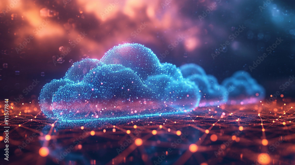 Virtual cloud abstract: Unleashing the power of digital data processing, it seamlessly integrates computing, storage, and networking for agile, scalable, and efficient operations. - obrazy, fototapety, plakaty 
