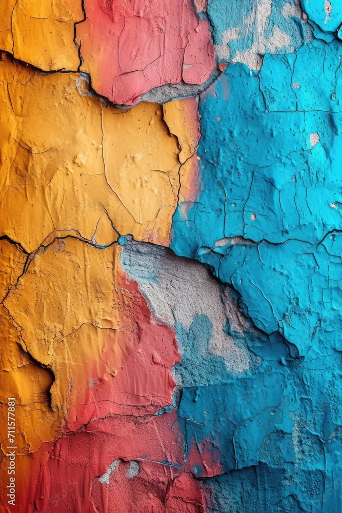 Fototapeta premium A close up of a peeling paint wall, corful grunge wallpaper background