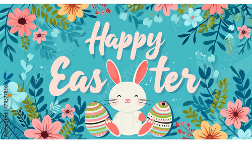 Cute Happy Easter template with eggs with flowers rabbit and typographic design Kids style banner