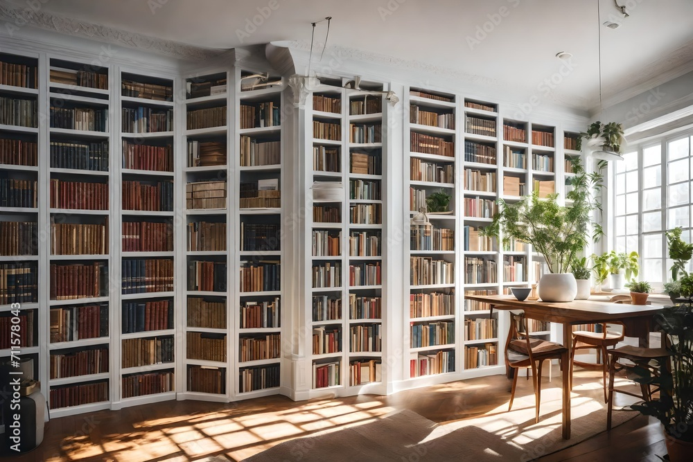 Bookshelves Along the adjacent wall, there are white bookshelves with open shelving displaying an array of books, plants, and decorative objects