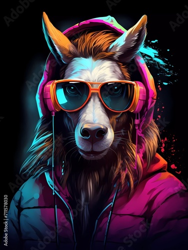 DJ horse wearing sunglasses and hoodie, with colorful neon lights. generative ai