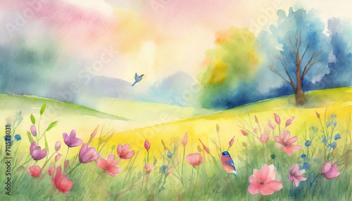 Watercolor Art Painting: Springtime Meadow with Chirping Birds Softly in Afternoon © Mangata Imagine