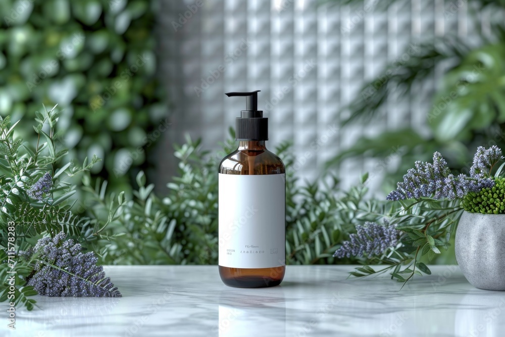 Fototapeta premium A bottle of liquid sitting on top of a table, beauty or wellness product mockup, copy-space.