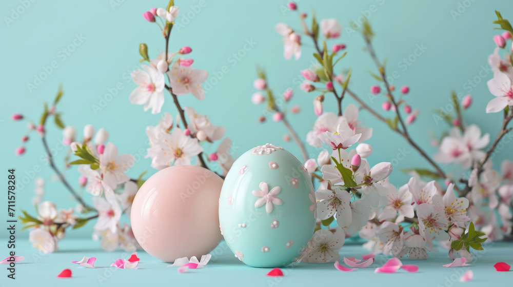 A composition of Easter eggs on a plain background, all in pastel colors with flowers