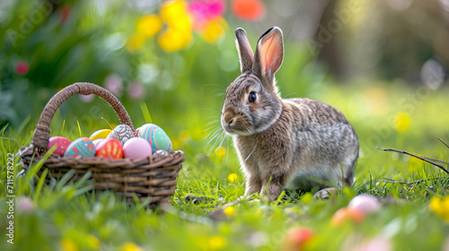 A rabbit sits in a basket on the foreground of Easter colored eggs.