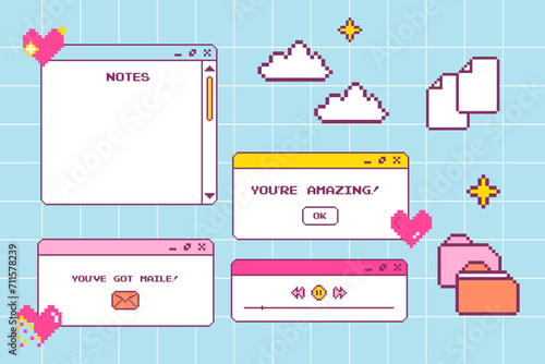 y2k interface Retro browser computer window set pastel Retrowave pc desktop with message boxes 