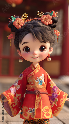 3D rendering of a cute Chinese girl wearing a kimono in Chinese new year