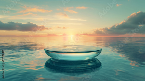 Empty glass table on crystal water surface on sunset sky background. Show case for natural cosmetic products. photo
