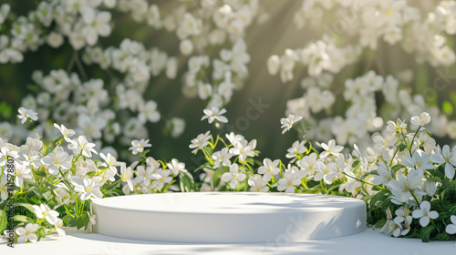 Podium flower product white 3d spring table beauty stand display nature white. Garden floral background cosmetic field scene gift day
