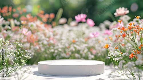 Podium flower product white 3d spring table beauty stand display nature white. Garden floral background cosmetic field scene gift day #711578889