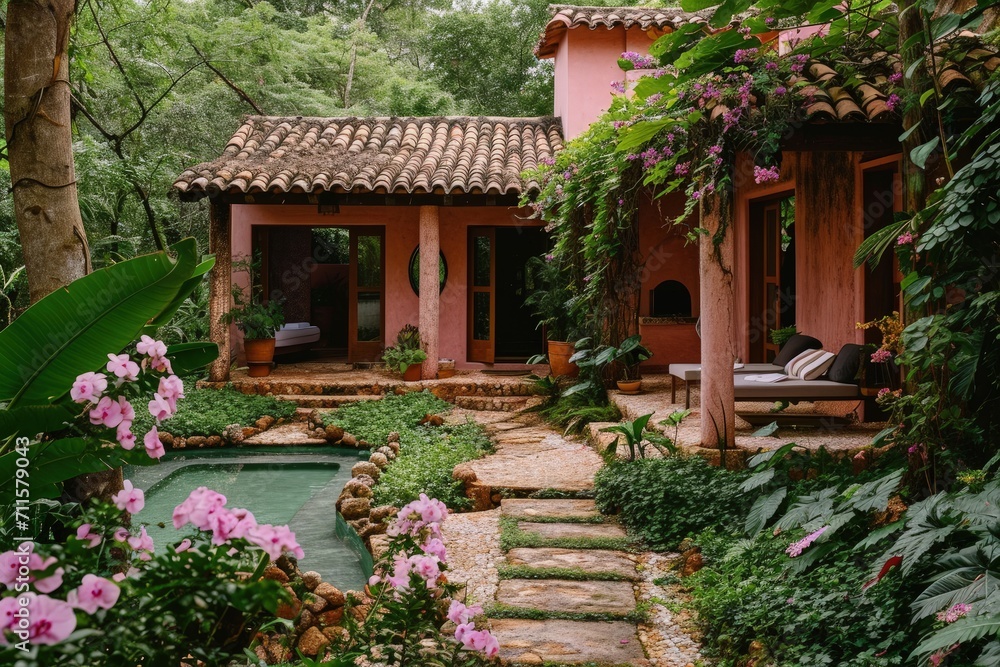 A tropical pink house with pool surrounded by  green trees 