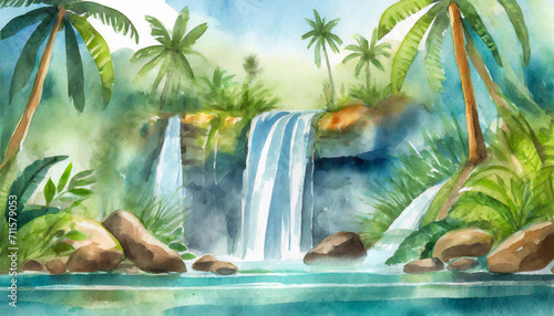 Watercolor Art Painting: Enchanting Cascade in Tropical Oasis Peacefully at Noon © Mangata Imagine