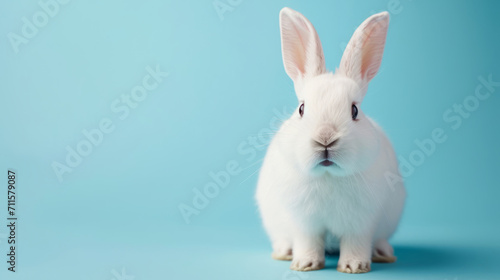 Portrait of a white cute rabbit with surprised expression on a blue background © standret