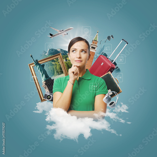 Obraz na plátne Happy woman dreaming of traveling