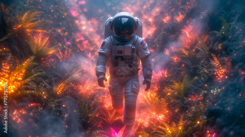 An astronaut walking in a other planet jungle. (AI created)