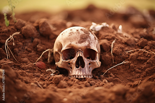 Skull in the dirt uncovered archeology and anthropology body decomposition generative ai photo