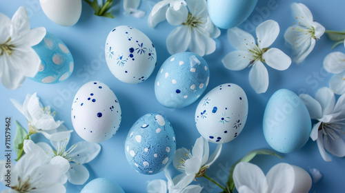 The composition in the center is small  neat and minimalist on the background of Easter eggs in a pattern and decor in blue and white colors
