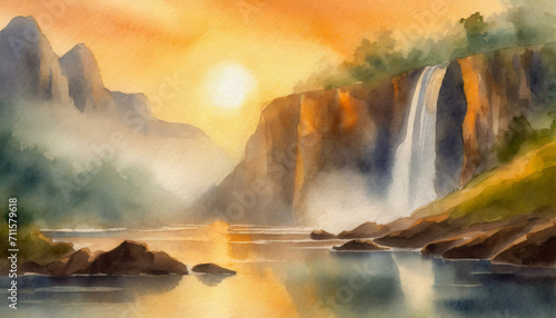 Watercolor Art Painting: Ethereal Cascade, Cliffside View Quietly at Sunrise