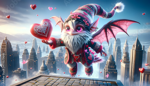 gnome-like dragon with pink eyes, dressed in Valentine's Day themed photo
