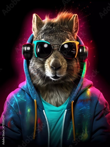 DJ squirrel wearing sunglasses and hoodie  with colorful neon lights. generative ai