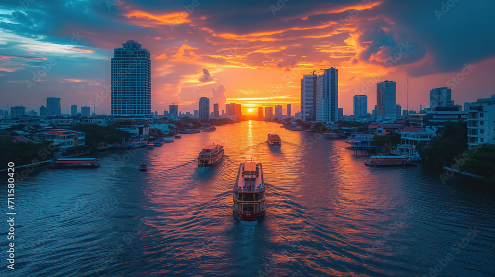 Fiery Sunset over City's River with Commuter Boats