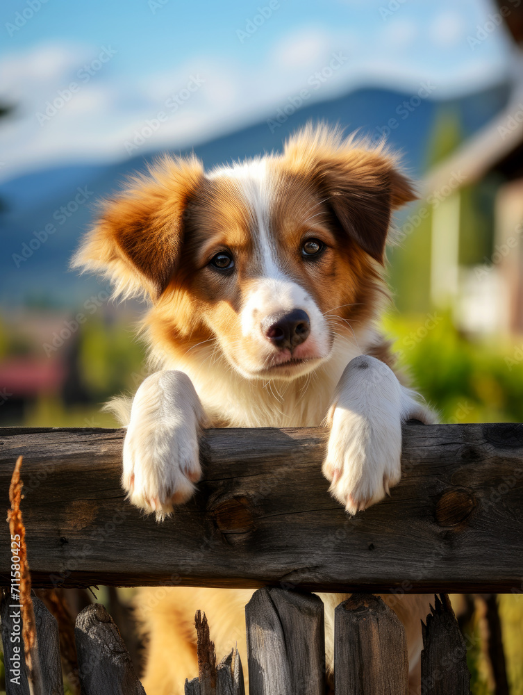 The puppy rests its front paws on a wooden fence.
