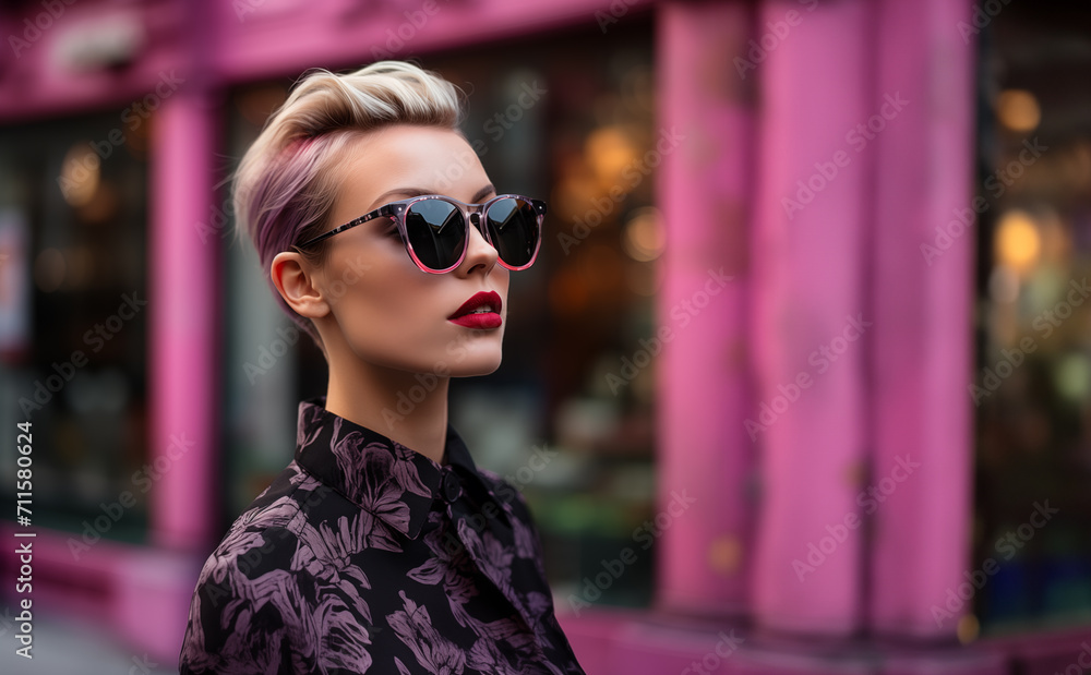 Portrait of Casual young woman in sunglasses outdoors with copy space