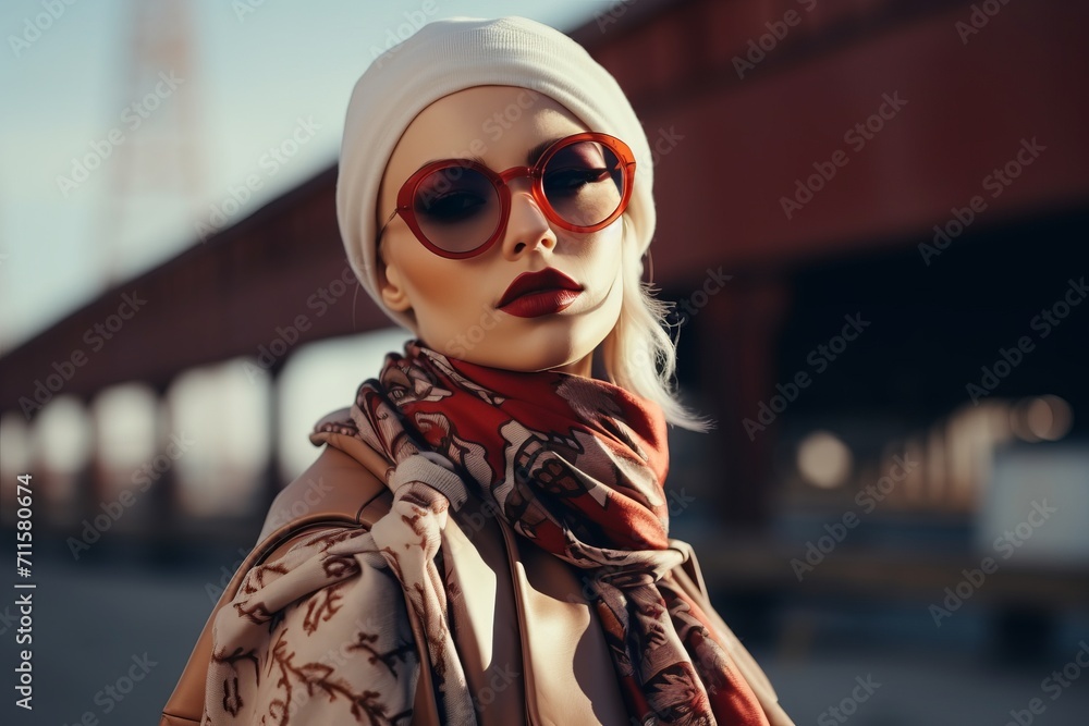 Fashionable young woman in sunglasses and headscarf on a city street. Fashionable young woman in sunglasses and headscarf on a city street.