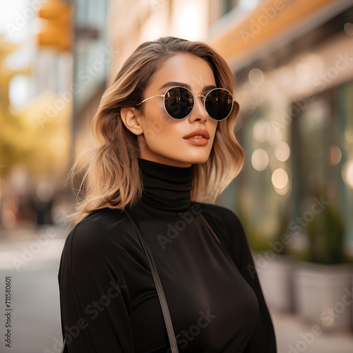 Stylish casual young woman in black clothes and black sunglasses © Анастасия Бутко