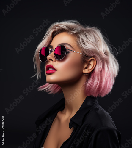 Stylish casual young woman in black clothes and sunglasses on the black background