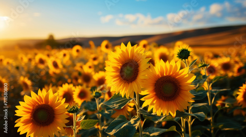 A field of luxurious blooming sunflowers in a rural landscape with a beautiful sky. Generative AI © kovalovds