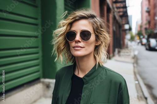 Portrait of a beautiful young woman in sunglasses and a green jacket on the street