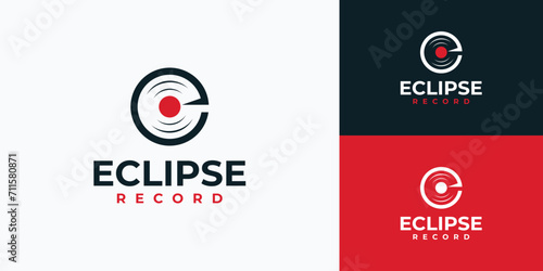 Letter e vector logo design in vinyl shape.