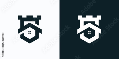 Vector logo design, illustration of letter S shaped fortress building and shield.