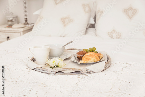 nicely set breakfast in bed