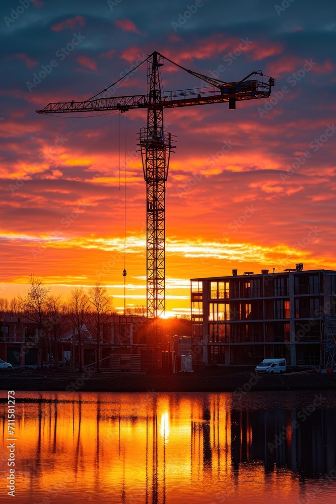 construction site at sunset with cranes, making new land and building houses