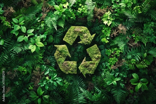 conceptual image of recycling, green fern and plants on green ground with a circularity symbol made out of green plants photo