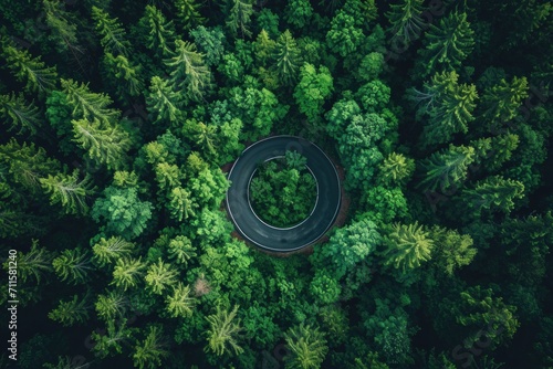 a circular shaped road inside a forest drone view top view, conceptual circularity forest  photo