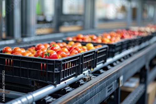  logistics and supply chain. folding trays with tomatoes assembly line. 