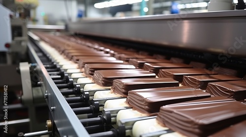 Highly efficient chocolate candy production line on conveyor belt in a modern confectionery factory