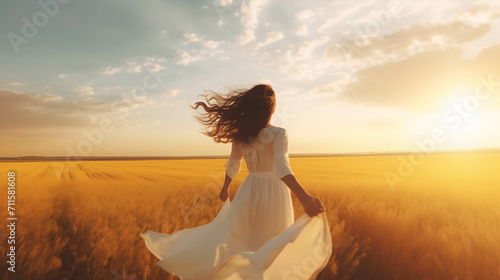 Caucasian woman in white dress in yellow field at sunset.