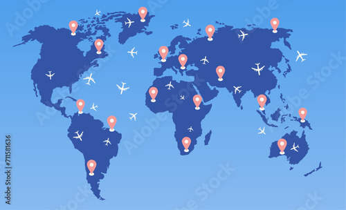 Planes fly around in different countries of the world. Aircraft silhouettes. Vector illustration.