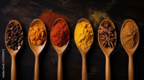 Top view of a culinary layout of a row of wooden spoons with various spices - cinnamon, red, hot pepper, turmeric, ground black pepper, ground cinnamon, cumin. Banner with place for text