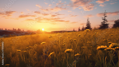 Sunset view of yellow grass field.